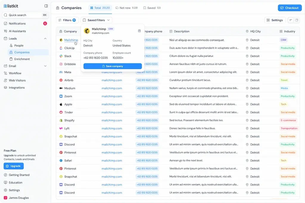 Company search screen using AI vector search to include similar search terms in the results